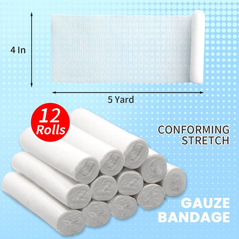 12 Pack 4 Inch 5 Cling Gauze Rolls x Yard, White Rolled Gauze Wraps Vet Wrap for Horses, Pure Cotton Bandage Wrap