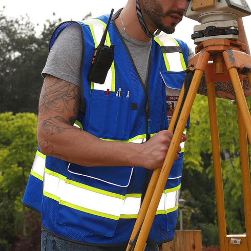 Reflective Safety Vest, Blue Mesh, High Visibility with Pockets and Zipper, Padded Neck, Blue with Yellow Trim