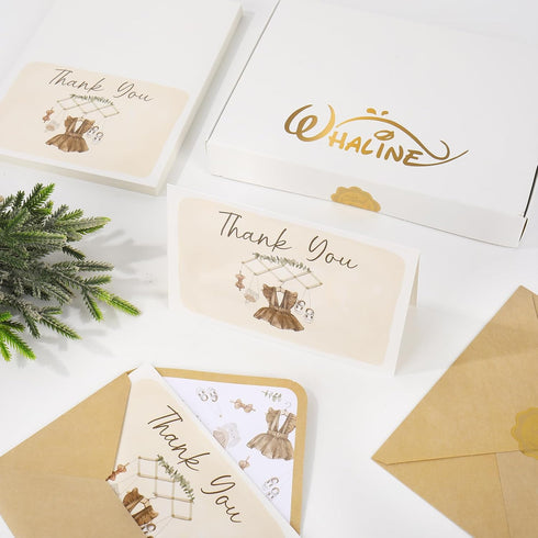 50 Pack Whaline Baby Shower Thank You Cards Boxed Vintage Khaki Cloth Note Card with Envelopes Stickers Greeting Blank