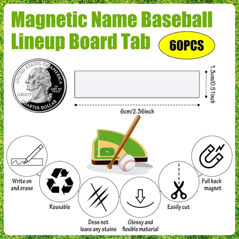 Deekin 60 Pack Magnetic Name Lineup Board Tabs, 2.36 x 0.51 Inches, White Magnetic Dry Erase Labels for Home Office
