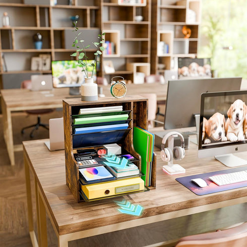 7 Simple Trending Tier Desk File Organizer, Wooden Letter Tray Paper Organizer with Adjustable File Holder, Mesh