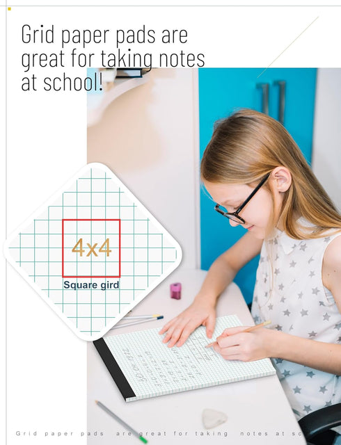 Graph Paper Pads, 8.5 x 11, 8 Pack, 4x4 Quad Grid, 30 Sheets/Pad, Easy Tear Off Design, White