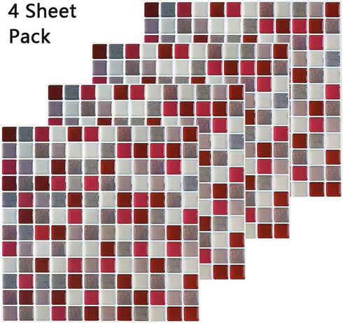 Yoillione 3D Mosaic Tile Sticker, Removable Wallpaper Tile Red, Self Adhesive Wall Tiles for Kitchen Backsplash