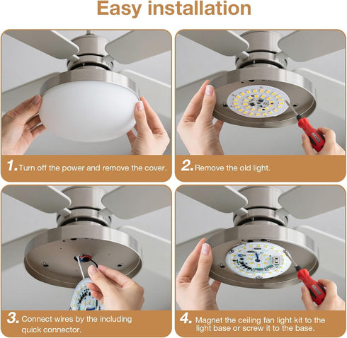 Ledytech 4 Inch, 18W, 3CCT 3000K-4000k-5000K 120V, 2200LM, CRI90, Dimmable LED Ceiling Fan Light Retrofit Kit, Ceiling
