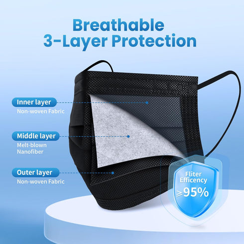 100 3 Borje Disposable Face Mask, PCS Black Masks, Ply Protection Face Masks