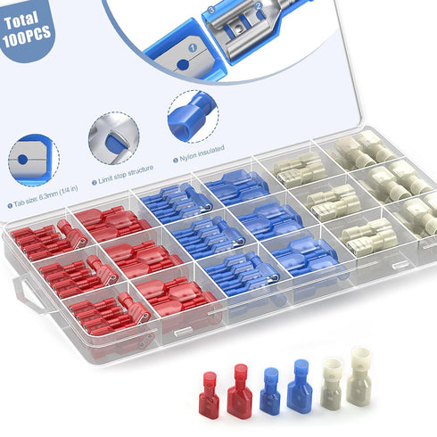 AIRIC Spade Connector Kit, 100 Pcs Male and Female 22-10 Gauge Nylon Electrical Crimps for Auto Speaker Wiring