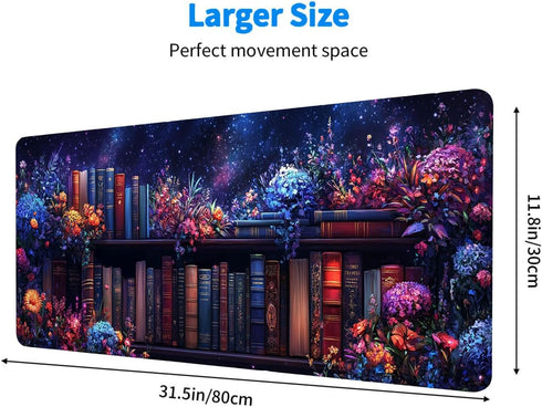 FZAZMLT 31.5x11.8 Inch Purple Bookshelf Large Mouse Pad Floral Books Magic Fantasy Witchy Mousepad XL Large Gaming