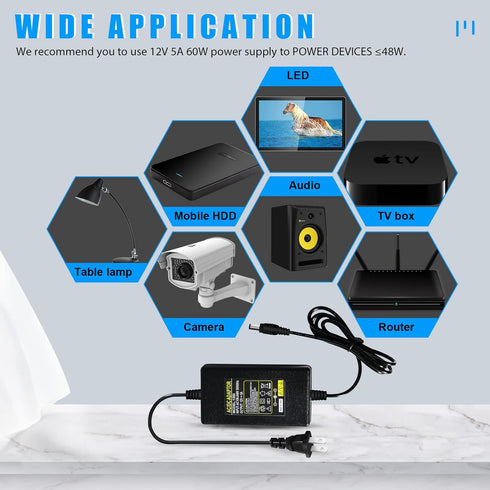 YM E-Bright 12V 5A Power Supply Adapter, 100V-240V AC to 12V DC Converter for LED Strip Light