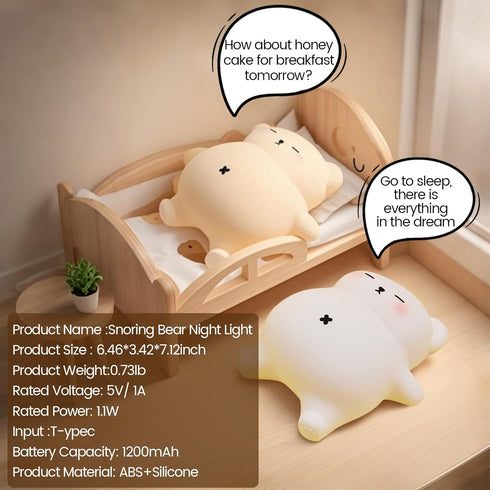 3 30-Min Snoring Bear Night Light Adorable Gift for Kids, Babies, Moms & Seniors Soft Silicone Sleep Lamp with Sound