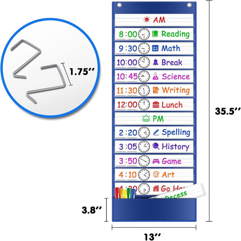 Daily Schedule Pocket Chart, Class Schedule with 13+1 Pockets, 18 Dry Eraser Cards, 2 Easy Over Door Mountings (Blue)