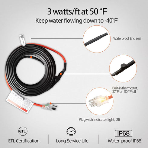Intelligent Pipe Heat Cable, 9Ft, 120V, Self-Regulating Heating Cable for Metal and Plastic Home Pipes, Energy-Saving