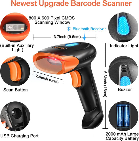 KUIIYER Bluetooth Barcode Scanner, Wireless 2D QR 1D Handheld Barcode Reader, Plug & Play for Warehouse, Library