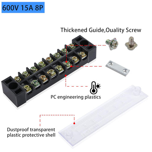 PNGKNYOCN 8 Positions Dual Rows 600V 15A Barrier Screw Terminal Strip Block with Cover TB-1508 (5-Pack)