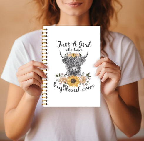 Highland Cow Notebook, Western Cow Gifts, Spiral Notebook 5.5x8.3, Highland Cow Office Supplies, Just a Girl Who Loves