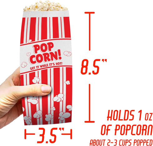 Retro Popcorn Bags 25 Pack, Grease Resistant Single Serving 1oz Paper Sleeves in Nostalgic Red/White Design