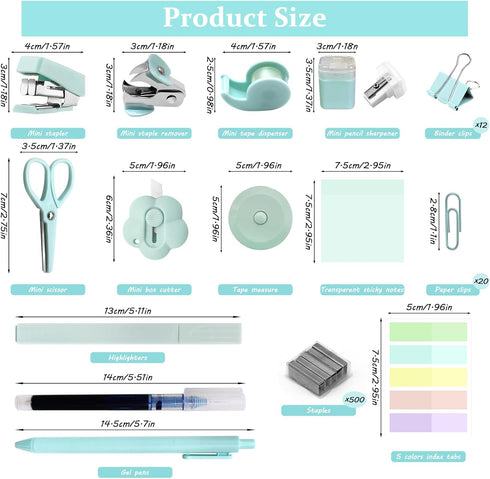Mini Office Supply Kit, Teal Mini Stapler with Staples and Tape Dispenser Set, Mini Stationary Kit Includes Sticky Notes Index Tabs Highlighters Gel Pens for Office & School Annotating Books (Teal) by YUMOONI