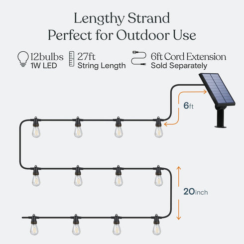 27ft Commercial 12 Bulbs, 1W Brightech Ambience Pro Solar Powered Outdoor String Lights, Remote Control Grade