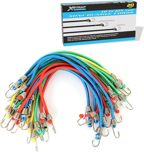 XSTRAP STANDARD 20 Pack Mini Bungee Cords, 10 Inch Rubber Stretchy Cords with Hooks for Bikes, Camping, and Cargo