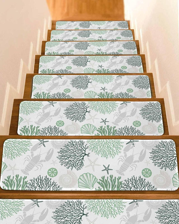 BOHOOSKYLAR Gray Lobster Stair Treads Ocean Starfish Green Coral Shell Marine Life Indoor