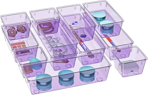 WOWBOX 12 Pack Clear Acrylic Drawer Organizer Set, Storage Bins for Makeup, Jewelry, Office, Purple