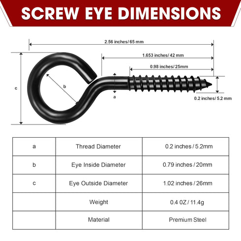 16pcs Screw Eyes, 2.56 Inch Black Eye Hooks Screw Self Tapping Eye for Heavy Duty Use in Indoor & Outdoor
