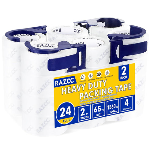 Clear Packing Tape, 24 Rolls Heavy Duty Packaging Tape with Dispensers, 2" x 65 Yards Per Roll, 1560 Total Yards