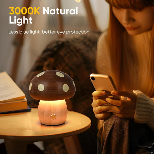 LONRISWAY Dimmable Cordless Wood Mushroom Lamp, Small Battery Operated Wooden Table Lamp Portable Night Light, Stepless