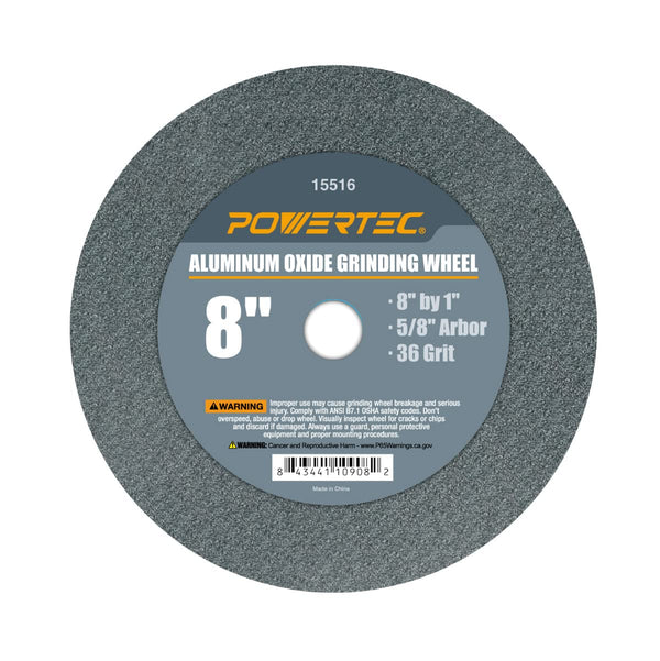 POWERTEC 15516 Bench and Pedestal Grinding Wheels, 8 Inch x 1 Inch, 36 Grit, Aluminum Oxide for Bench Grinder