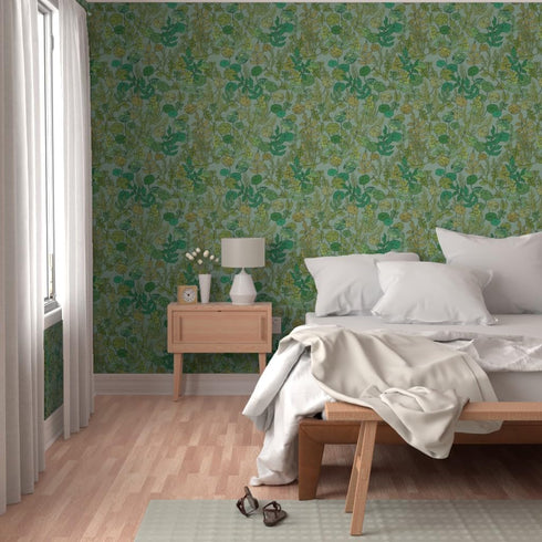 Commercial 1900S Grade Wallpaper Swatch - Green Leaves Mint Plants Gardening Peas Herbs Nasturtium Gardener Rosemary