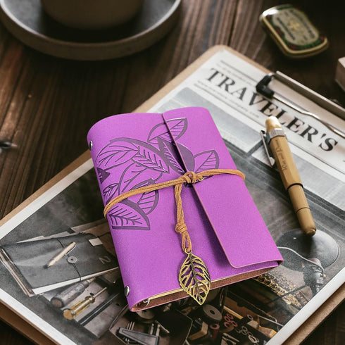 HARDCOVER JOURNAL Writing Notebook - Vintage Leaf Series, Antique Handmade Bound Daily Notepad, (Leaves, Purple)