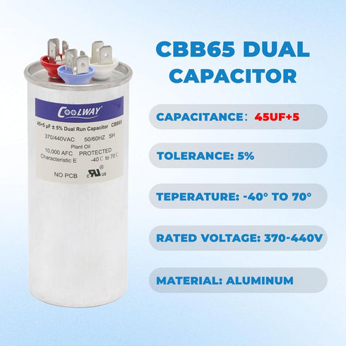 COOLWAY 45/5 uF 45+5 MFD 370V or 440V Dual Run Start ac Capacitor for ac 45 5 CBB65r CBB65b Capacitor 370 440 Volt vac Air Conditioner Capacitor for Motor Start or Heat Pump, Condenser, Pool Pump