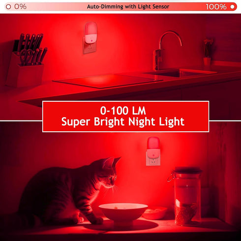 670nm 2 Pack Dimmable Red Light Night Light for Sleep Therapy, Auto On/Off Night Light with Dusk to Dawn Sensor, LED