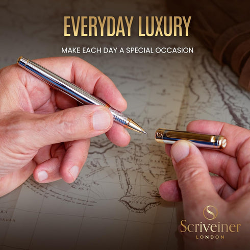 Scriveiner Silver Chrome Rollerball Pen - Luxury Pen with Real Gold Plating, Best Gift Set
