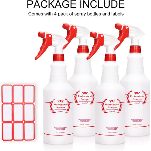 Plastic Spray Bottle 4 Pack, 32 Oz Heavy Duty Leak Proof Mist Empty Water Bottle for Cleaning, Planting, Pet