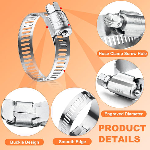 40PCS Hose Clamps Assortment Kit, Camtek Stainless Steel Adjustable 6-29mm Range Worm Gear Clamp for Plumbing