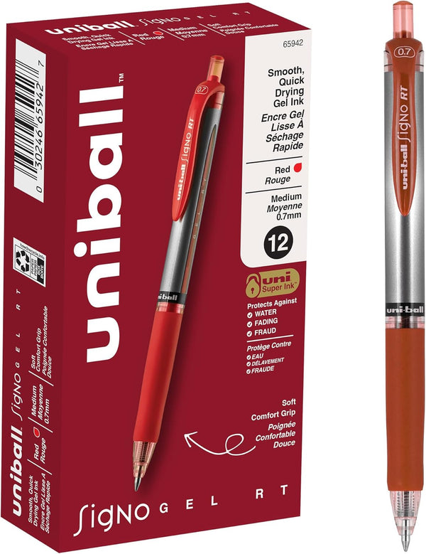 uniball Signo Gel Pen, Retractable, Medium 0.7 mm, Red Ink, Red/Metallic Accents Barrel, Dozen