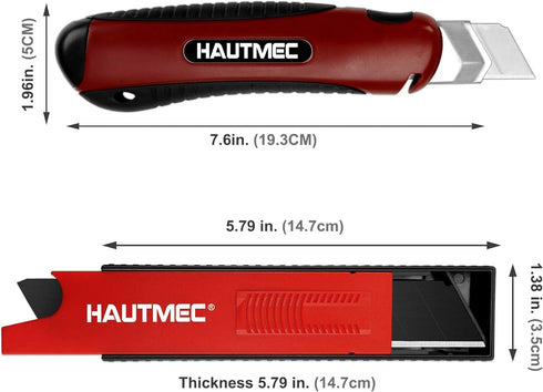 HAUTMEC 25mm Pro Heavy Duty Utility Knife Box Cutter with Extra 10PCS Rust Proof SK2H Black Sharp Blades, Autolock Slider, Sturdy Body for Industrial or Construction Applications HT0205-KN by HAUTMEC