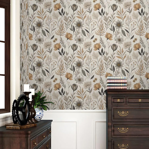 REDAMANCY Vintage Boho Wildflower Yellow Grey Flowers Peel and Stick Wallpaper Stick on Contact Paper Vintage Wall