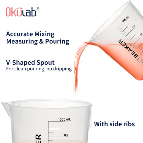 4 Pcs Autoclavable Plastic Beaker Set, 500ml (16.9oz) Black Graduated Beakers with Dump Spout and Stacked Side Ribs,