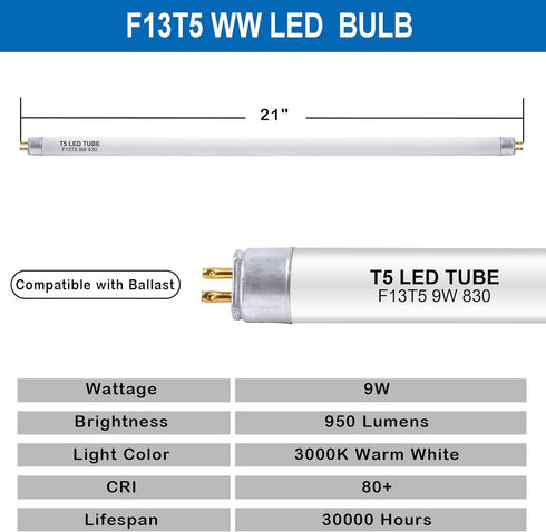 Wesome Lighting 12 inch F8T5 21 inch F13T5 Set Bulbs, 3000K, Bulb Counter and Warm White LED Replacement Replace