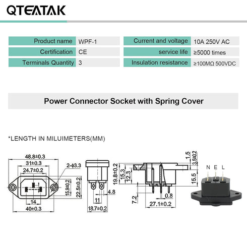 QTEATAK 2 Pcs AC 250V 10A IEC 320 C14 Panel Mount Plug Adapter Power Connector Socket with Spring Cover