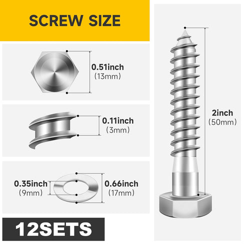(12Sets) 5/16" x 2" Heavy Duty Hex Head Lag Bolts with Washers, 304 Stainless Steel Wood Screws, Partial Thread Bright