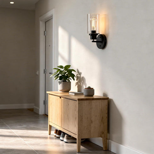 1-Light Black Bathroom Wall Sconce with Clear Glass Shade, Modern Vanity Light Fixture Over Mirror for Bathroom