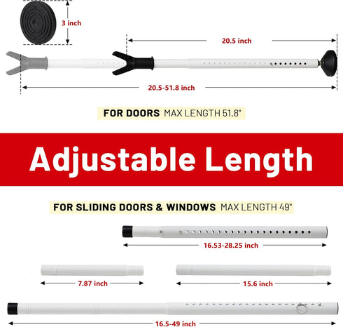 Keplrend Jammer Door Security Bar - Heavy Duty Door Security Bar - Adjustable Sliding Door Security Bars - Doors