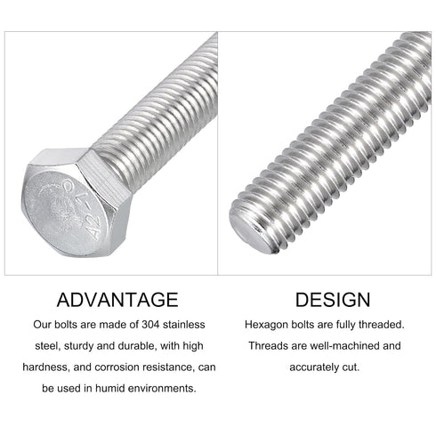 Hex Bolts (M12-1.75x130mm) 2Pcs, Fully Threaded Coarse Hex Head Screw Bolt Machine Screws - 304 Stainless Steel, Silver