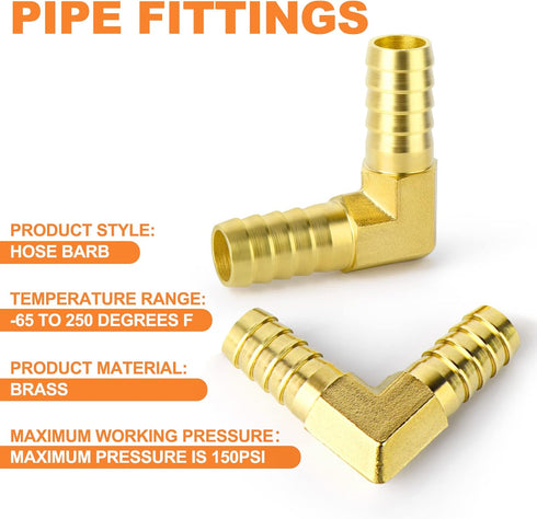 GASHER 2 Pieces Brass Hose Barb Reducer, 1/2 Inch to 1/2 Inch 90 Degree Elbow with 4 Hose Clamps