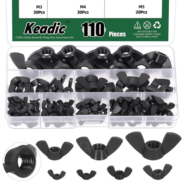 Keadic 110Pcs Nylon Metric Wing Nuts Assortment Set, M3 M4 M5 M6 M8 M10 M12, Black Hand Twist Tighten Butterfly Nut