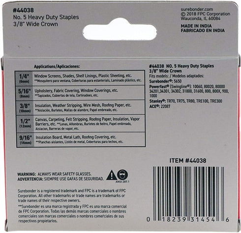 Surebonder #5 Staples 44038 Heavy Duty, Wide Crown, Swingline Type, 1000-Pack, 3/8-Inch Leg Length