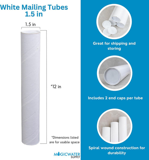 MagicWater Supply Mailing Tube - 1.5 in x 12 in - White - 6 Pack - for Shipping and Storage of Posters, Arts, Crafts, and Documents