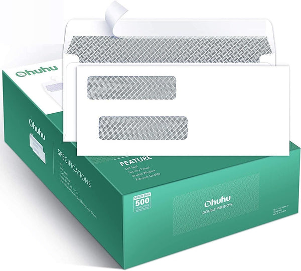 Ohuhu 500 Pack #8 Self Seal Double Window Tinted Security Envelopes for Quickbooks Check, Business Documents